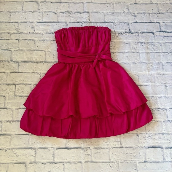 Betsey Johnson Fuchsia Mini Dress Bubble Hem Gathered Waist Formal VTG Y2K - Picture 1 of 9